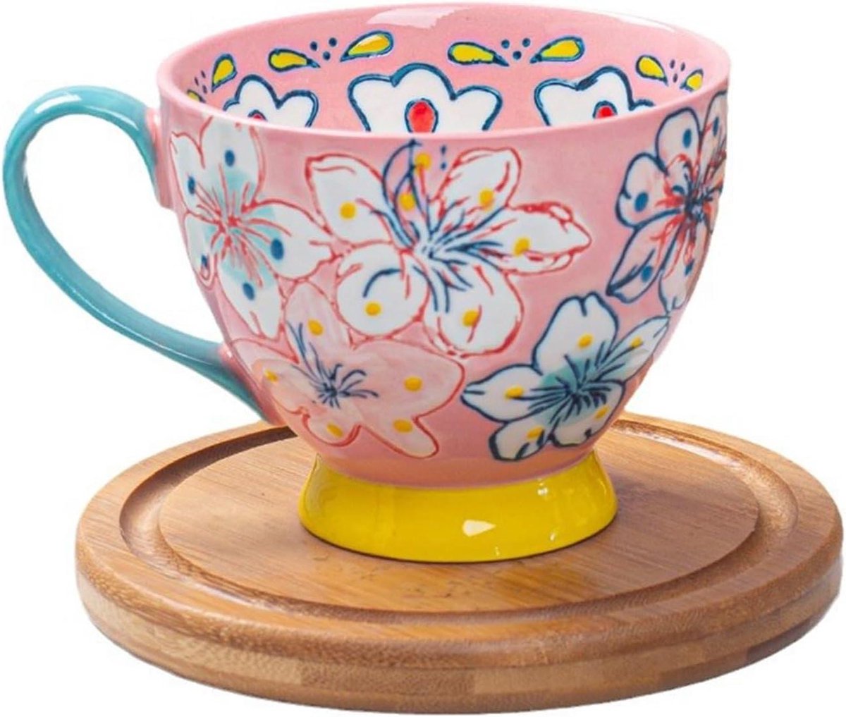 Keramische Beker - Mok Koffie - Ontbijt Dranken - Reliëf Schilderij - 450 ml - Roze