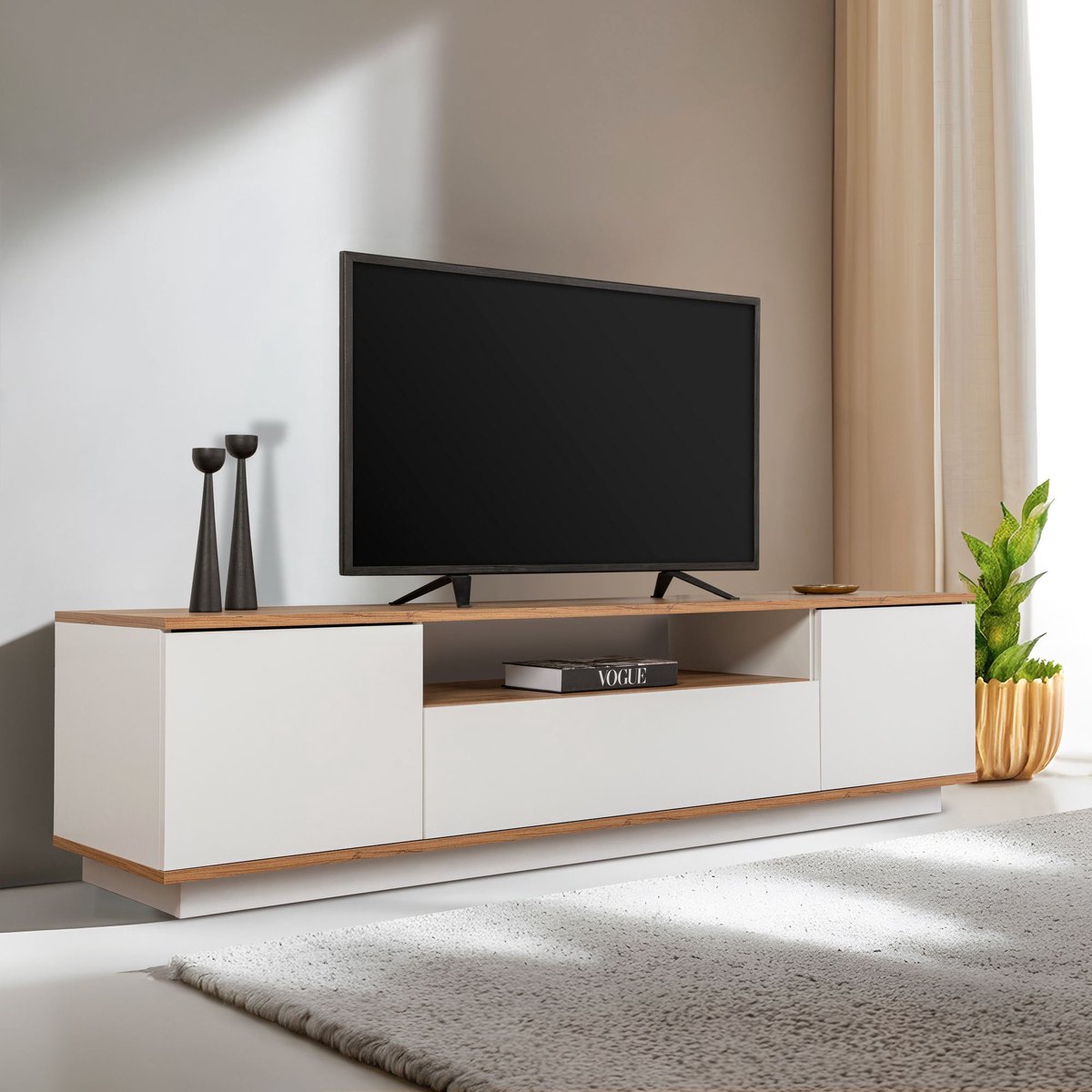 Asir - TV-standaard - Witte Atlantische den - 100% met melamine gecoat spaanplaat - 180 x 44,6 x 44,5 cm