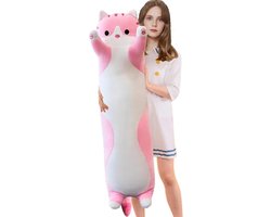 Pluche Kat Kussen - Knuffelkussen Dierenkussen - Ontspannen en Slapen - Superzacht Pluche - 110 cm - Roze