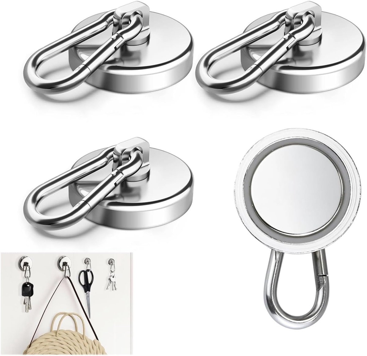 Set van 4 Neodymium Magneten met Haak, 360° Draaibare Magnetische Haken, 22 kg Trekvermogen voor Koelkasten, Keukens en Organisatie