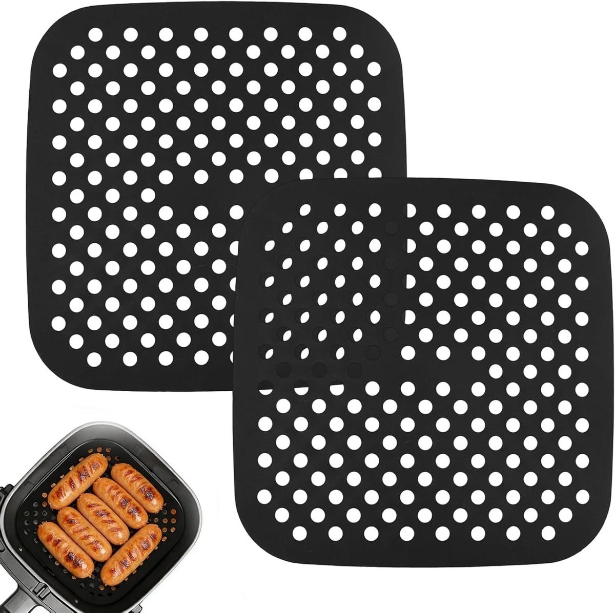 Siliconen Airfryer Matten - Vierkante Bakmatten - Voorkomt Aanbakken - Herbruikbaar Anti-aanbak - 21.5 cm x 21.5 cm - Zwart