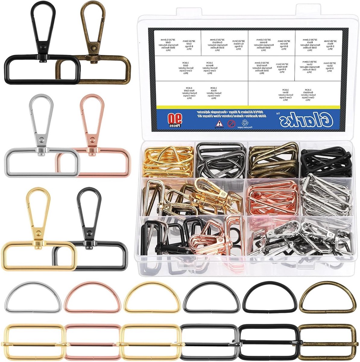 30 Sets 6 Kleuren 3.8cm Draaibare Kreeftsluitingen, Inclusief D-Ringen, Klauwen en Regelaars voor Handgemaakte Projecten