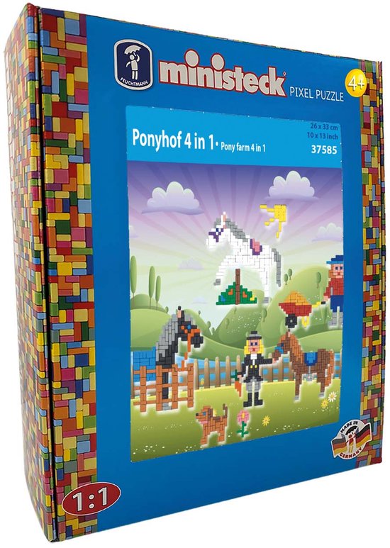 Ministeck pixel puzzel 'Ponyhof 4 in 1' met vrolijke kleuren, een witte pony, boerderijdieren en figuren. Afmeting 26 x 33 cm.