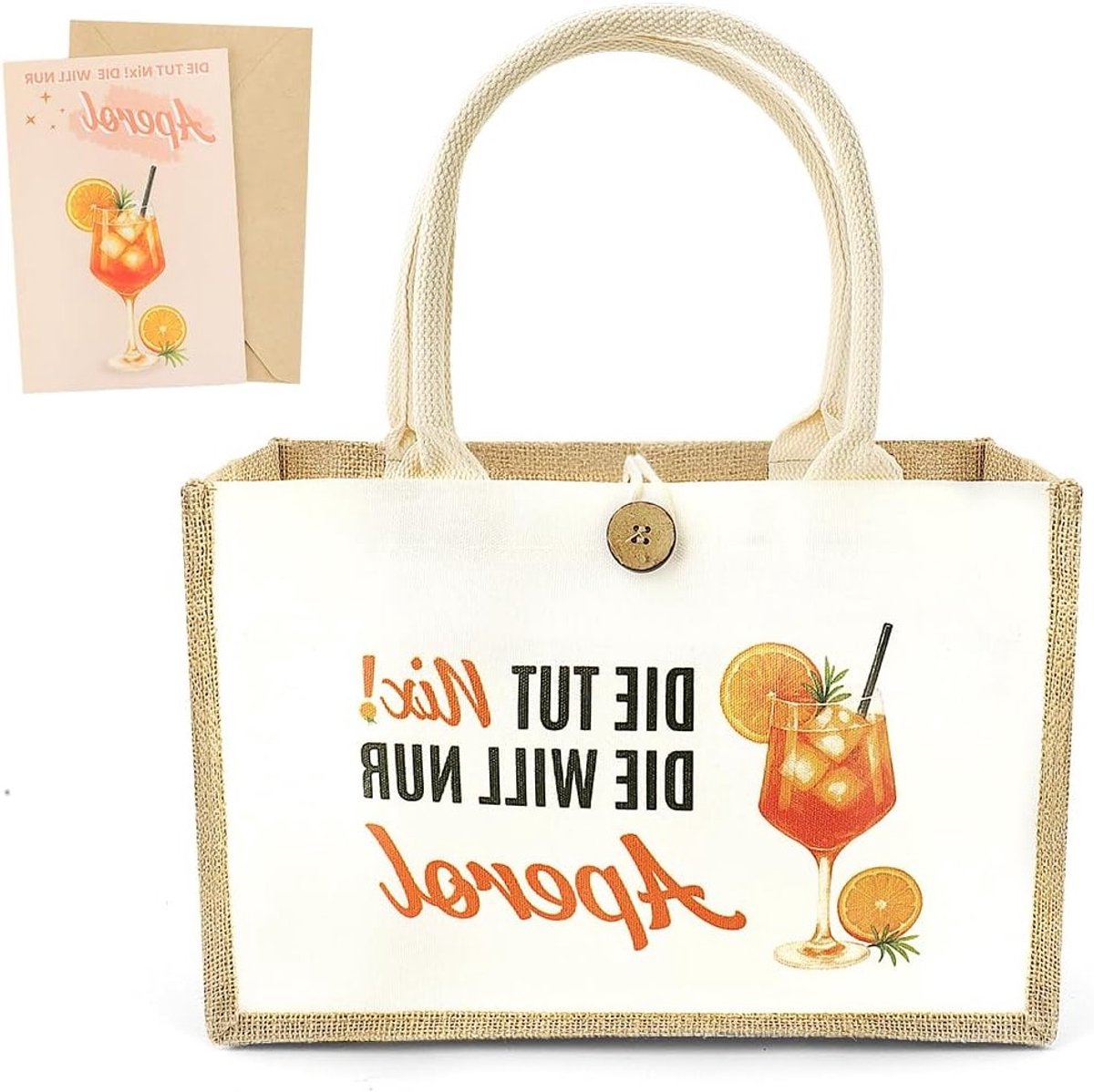 Jute Strandtas voor Vrouwen met Kaart, XXL Gift Bag voor Aperol Spritz Accessoires, Perfect Cadeau voor Collega's en Vriendinnen