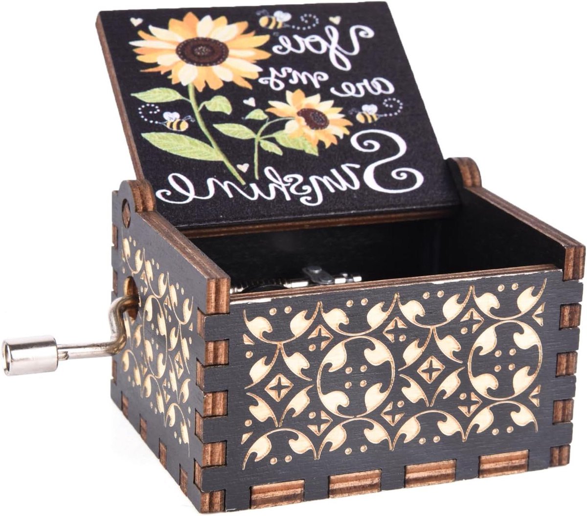 Houten Muziekdoos - Zonneschijn Doos - Mooie Melodie - Handslinger Mechanisme - 6.4 cm - Houtkleur