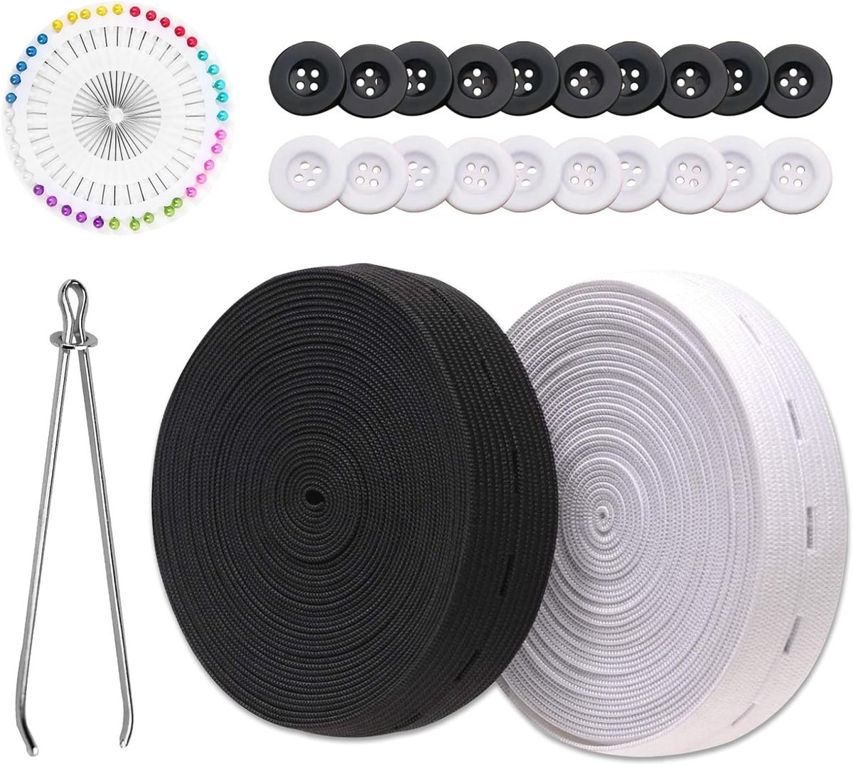 2 Rollen 10m Elastisch Met Knopenogen, Brede 20mm Elastische Band Voor DIY Naaien, Zwart En Wit, Perfect Voor Kledingaccessoires En Creatieve Projecten
