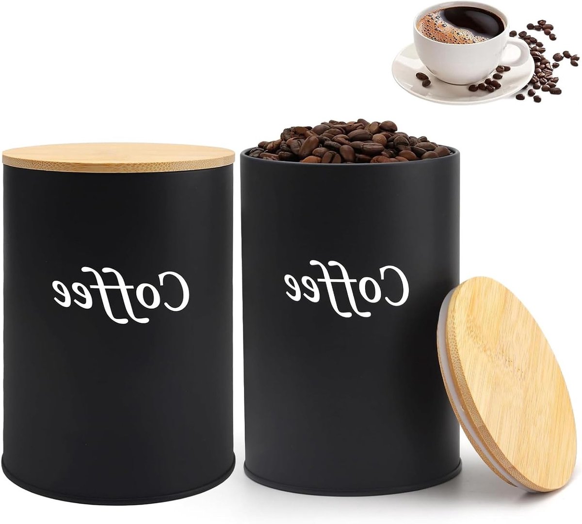 Set van 2 luchtdichte koffieblikken 500ml, koffiebonencontainer voor 1kg bonen, vacuüm koffieblik voor gemalen koffie, koffiecapsules en theeopslag in de keuken