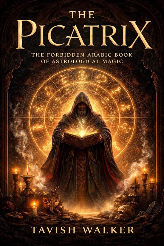 Le Picatrix: Le livre arabe interdit de magie astrologique, par Tavish Walker. Une figure drapée à capuchon tenant un livre lumineux se dresse devant un cercle magique.