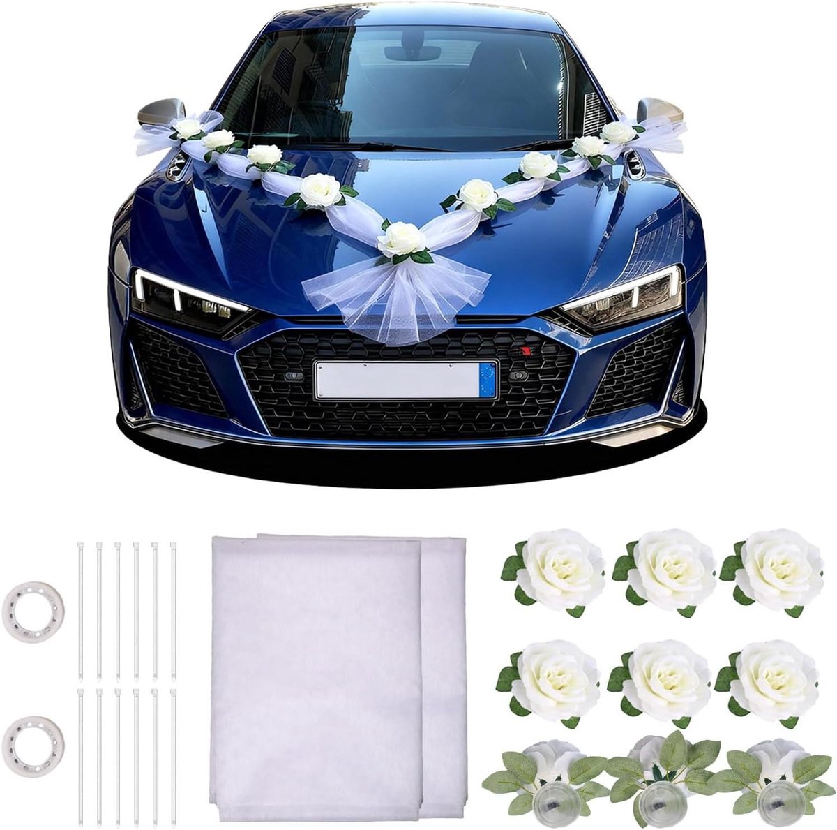 Autodecoratie Bruid - Bloemendecoratie Set - Bruiloft Versieren - Realistische Kunstbloemen - 28.7 x 18.9 cm - Wit