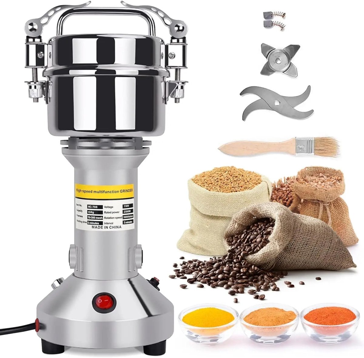 ByRoos - Keukenapparatuur - Elektrische korenmolen - Kruidenmaler - Grinder - Superfijne maalgraad - Food Grinder - Zilver - Elektrisch - 150 gram inhoud