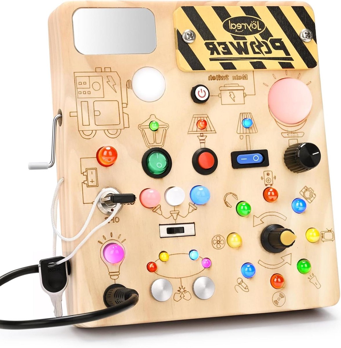 Montessori Busy Board - Activiteitenbord Kinderen - Motorische Ontwikkeling - Handslinger Generator - 18 x 18 cm - Houtkleur