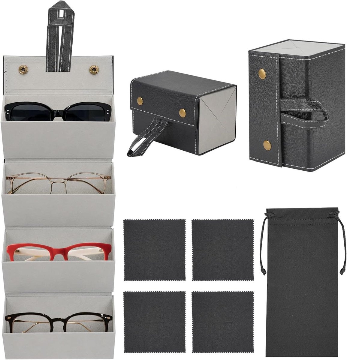 Brillen Organizer Set - Opbergdoos Zonnebril - Veilig Opbergen - Vouwbaar Ontwerp - 4 Vakken - Zwart