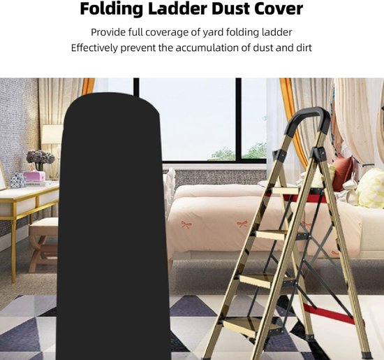 Zwarte, opgevouwen ladderhoes van polyester. De tekst zegt 'Folding Ladder Dust Cover'.