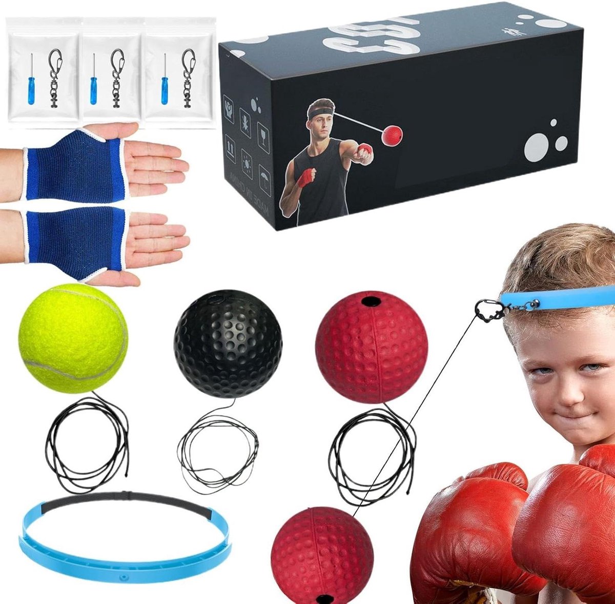 Boksbal met hoofdband - Reflex bal training - Hand-oog coördinatie verbeteren - Drie balgewichten - 6 cm bal diameter