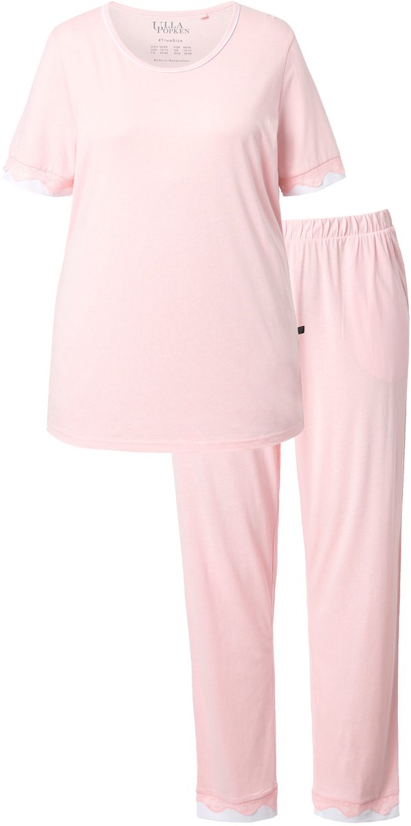 Ulla Popken Dames - Pyjama kanten randen ronde hals korte mouw - Sorbetroze - Maat 58+