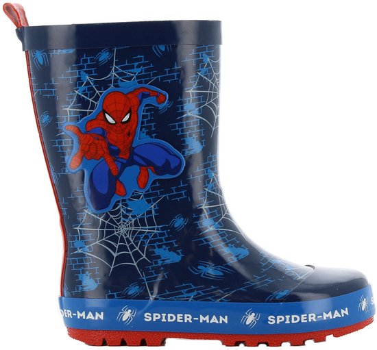 Botte de pluie bleu foncé avec Spider-Man, toiles d'araignées et côté et semelle rouges.