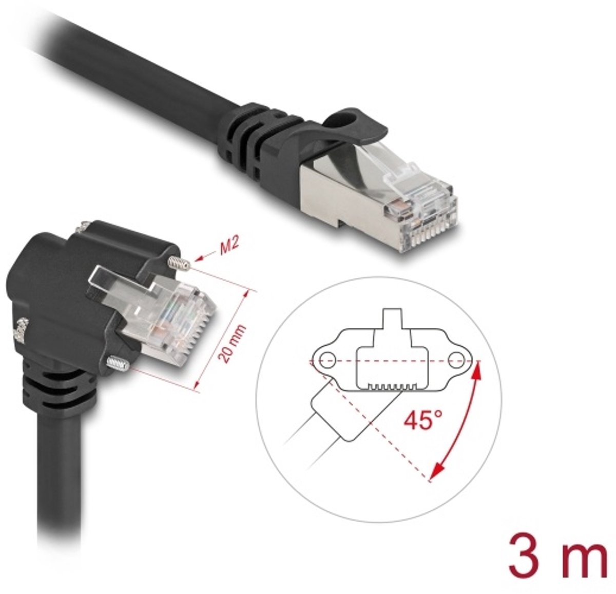 Delock GigE Camera Cable RJ45 plug 45° rotated and 90° angled with screws to RJ45 plug Cat.6 S/FTP 3 m black