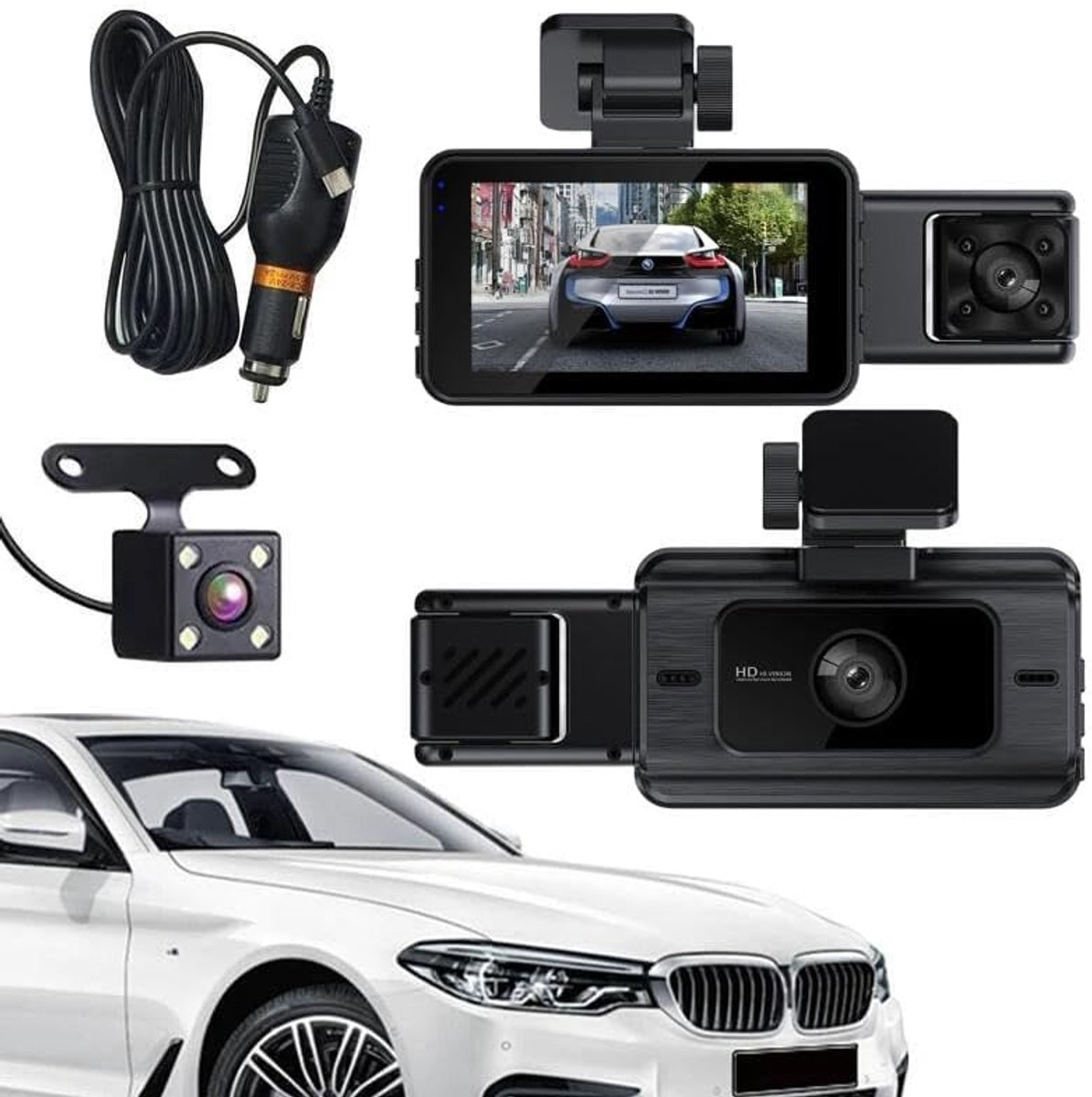 KZQ Dashcam met dubbele lens - Dubbele camera's voor en achter - Uitgerust met een 32GB SD-kaart - Full HD-videokwaliteit (1920p + 1080p) - Ultragroothoeklens van 140° - 24-uurs parkeerbewakingsmodus, loopopnamefunctie