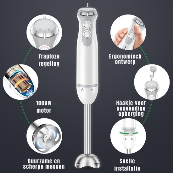 KAD® Staafmixer Set - Staafmixer met Hakmolen Set - Multi-Functionele Handmixer - Inclusief Mengbeker & Garde - Wit - 18cm x 7cm x 39cm van Kad — afbeelding 5