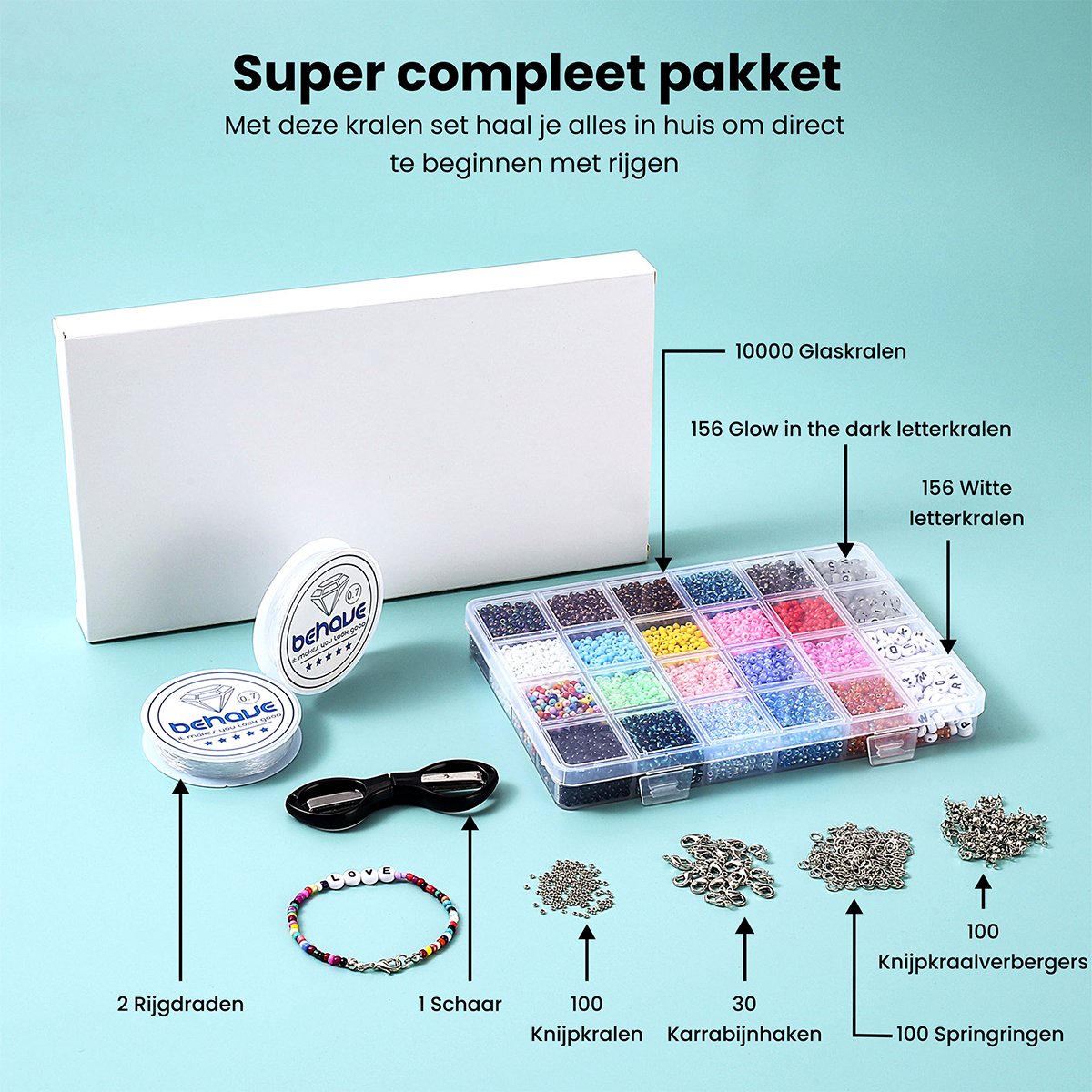 Behave Glaskralen & Klei Set Deluxe — 10.753 Kralen — Glaskralen 3 mm + Polymeer Klei 10 mm + Letterkralen + Rijgdraad — afbeelding 10