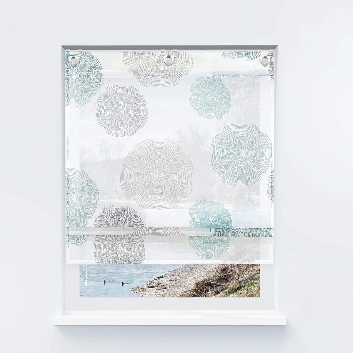 Vouwgordijn met Cirkels - Rolgordijn Transparant - Raamdecoratie aanbrengen - Montage zonder boren - 100x140 cm - Blauw