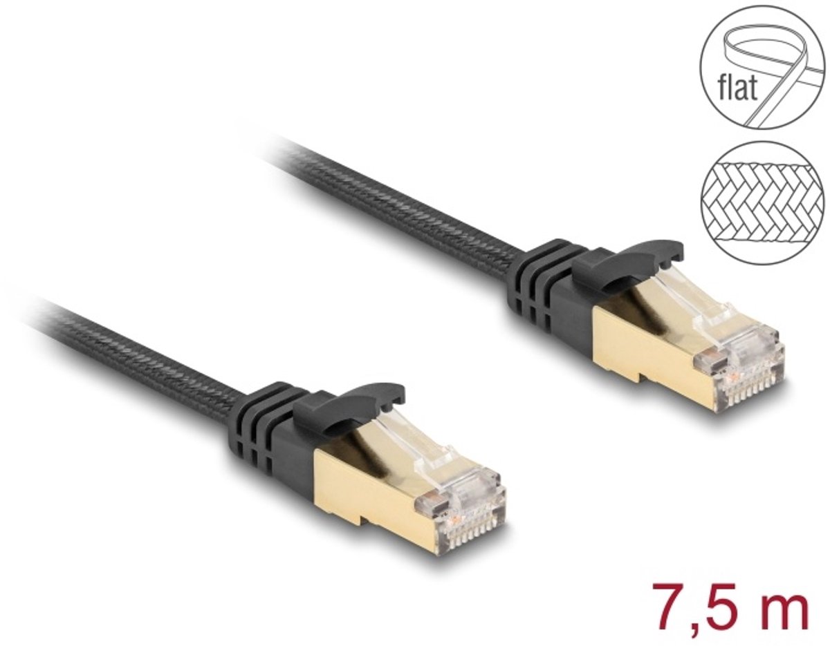 Delock RJ45 Flat Network Cable with braided jacket Cat.6A U/FTP plug to plug 7.5 m black