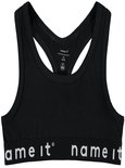 Zwart sporttopje van 'name it' met racerback en band met witte tekst.