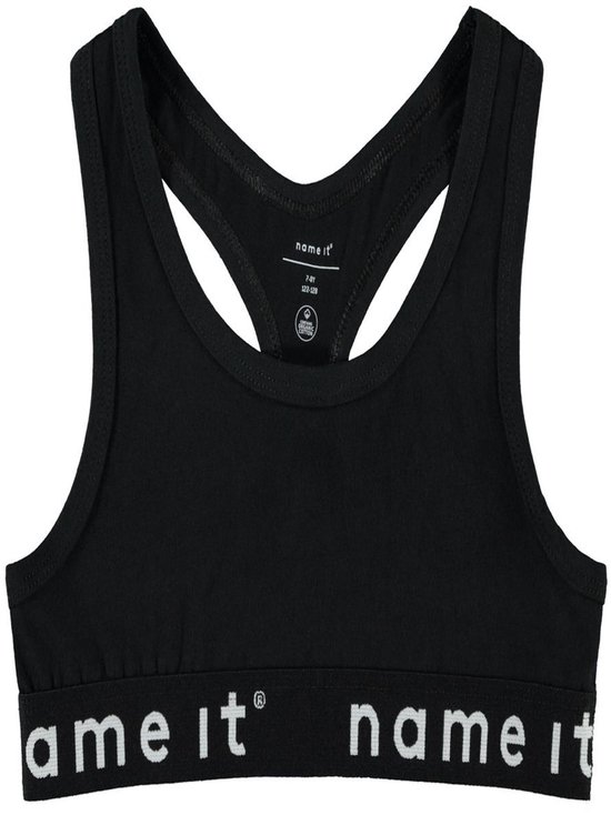 Zwart sporttopje van 'name it' met racerback en band met witte tekst.