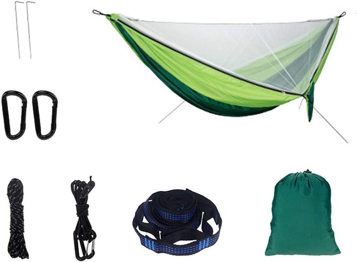 Camping Hangmat - Lichtgewicht Nylon - Buiten Ontspannen - Geïntegreerd Muggennet - 285 x 170 cm - Lichtgroen