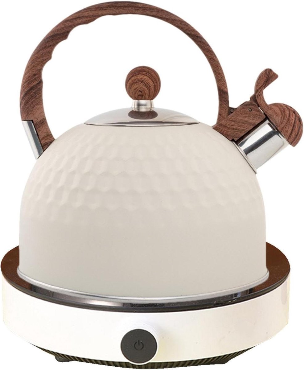 Theeketel Roestvrij Staal - Waterketel Keuken - Thee Zetten - Fluitend Alarm - 2.5 Liter - Beige Hamer