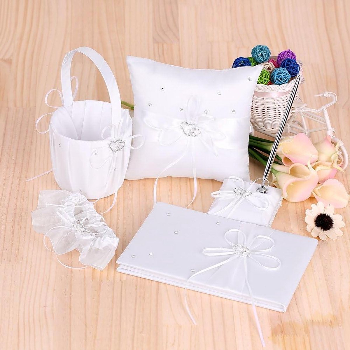 Bruiloft Set - Bruiloft Accessoires - Ceremonie Aankleding - Dubbel Hart Ontwerp - 5 Delig - Wit