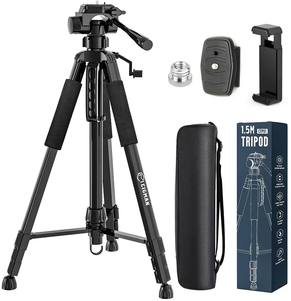 Jurrys Laserstandaard - Lasersteun - Laserstatief - Nauwkeurig - Stabiel - Licht gewicht - 1/4 Schroefbevestiging - 150cm - Zwart