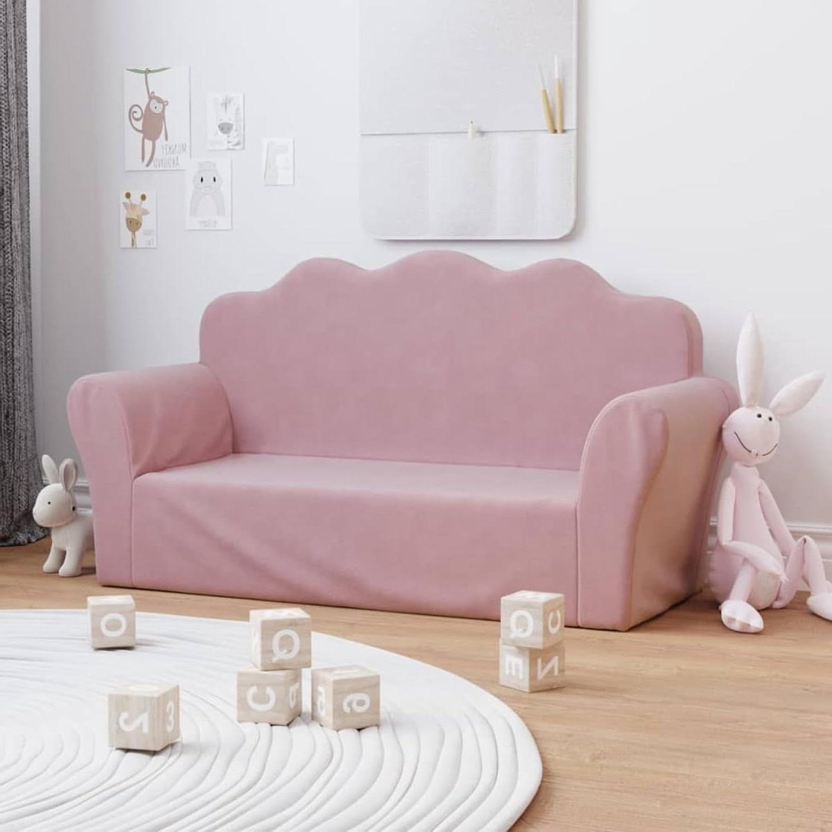 Kindersofa 2-zits - Kinderbankje speelbank - Spelen en relaxen - Zachte pluche stof - 94 x 34 x 48 cm