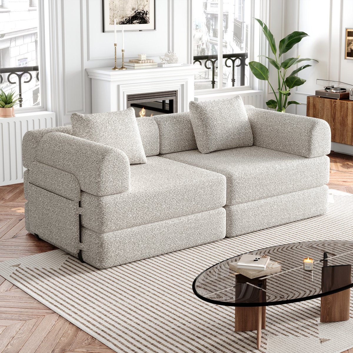Modulaire 2-delige Bank met Slaapfunctie – Armleuningen met Opbergruimte – Chenille – Khaki