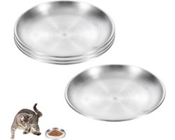 Set van 4 platte roestvrijstalen kattenvoederschalen van 14 cm, anti-slip, geschikt voor droog en nat voedsel, haarvriendelijk en gemakkelijk schoon te maken