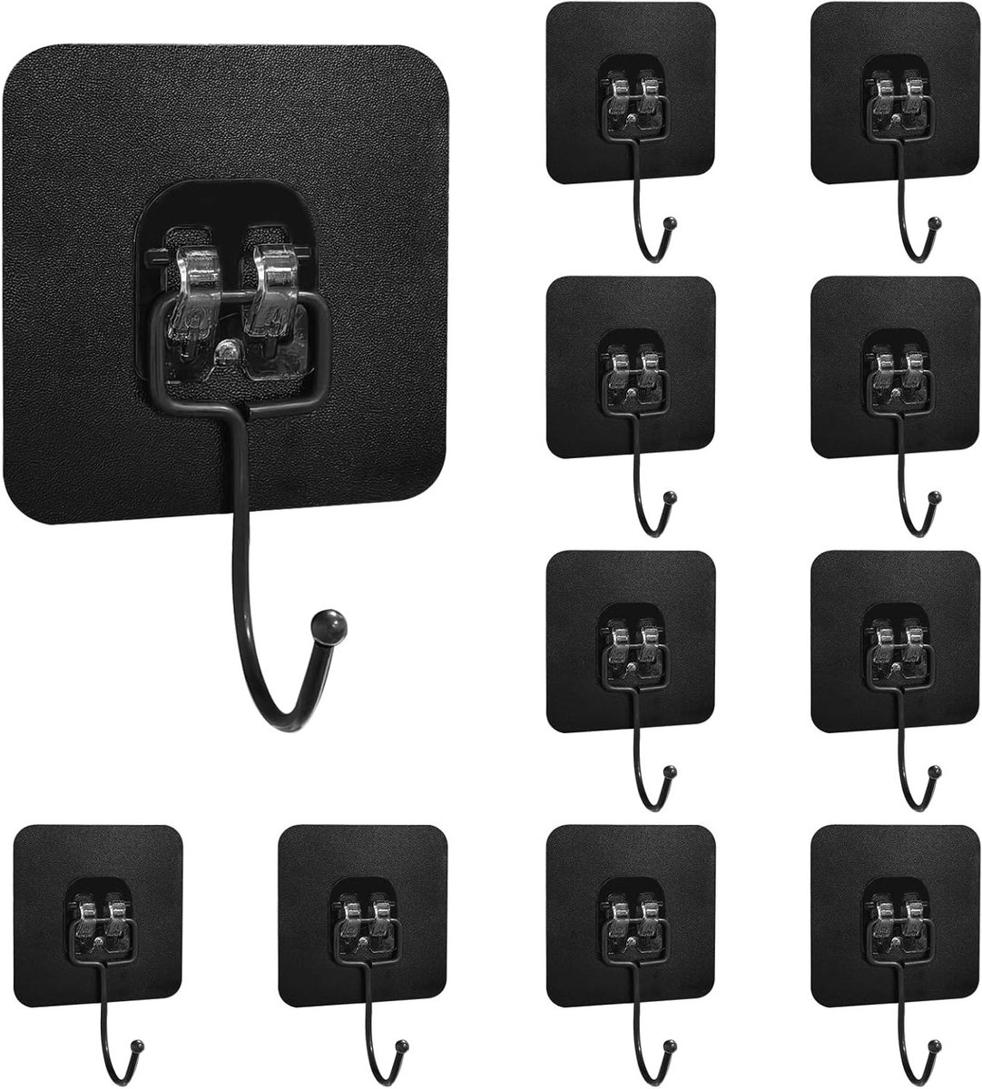 Verstelbare Wandhaken zonder Spijkers - Waterdichte Haakjes voor Badkamer, Keuken en Slaapkamer (10 Stuks, Zwart)