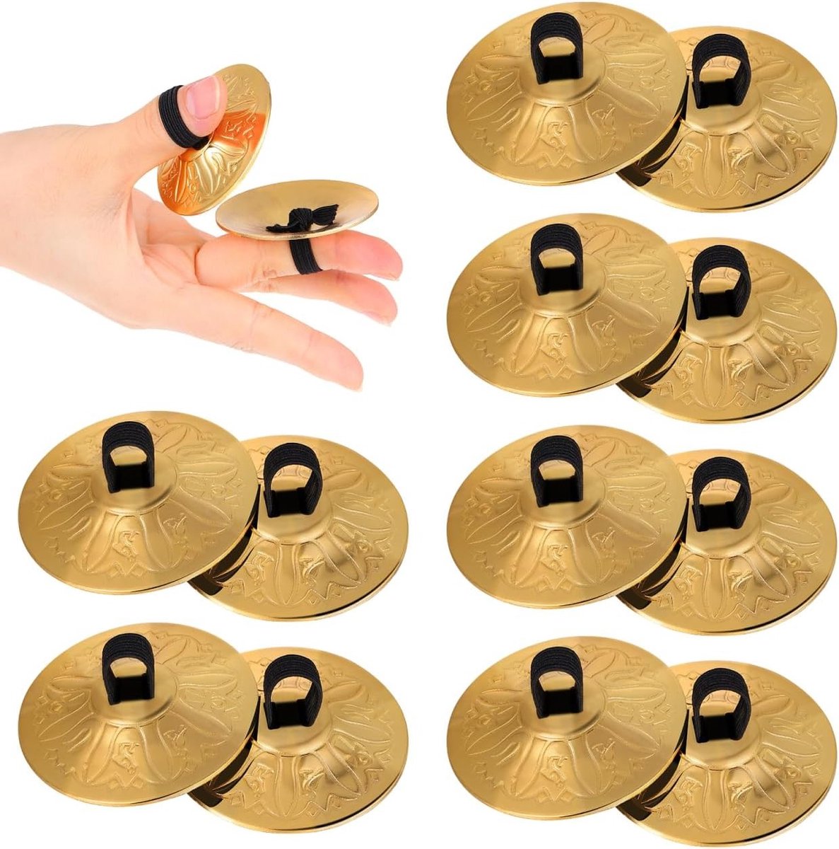 10-delige vingerbekkens met gravure, koperen mini vingerbekkens voor buikdans, percussie-instrument voor volwassenen en kinderen met elastische band