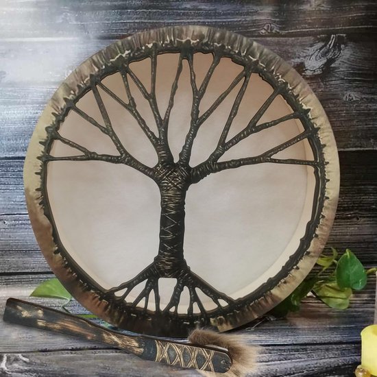 Sjamaan Trommel - Handgemaakte Trommel - Spirit Muziek - Levensboom Symbool - 25 cm Diameter - Bruin — afbeelding 4