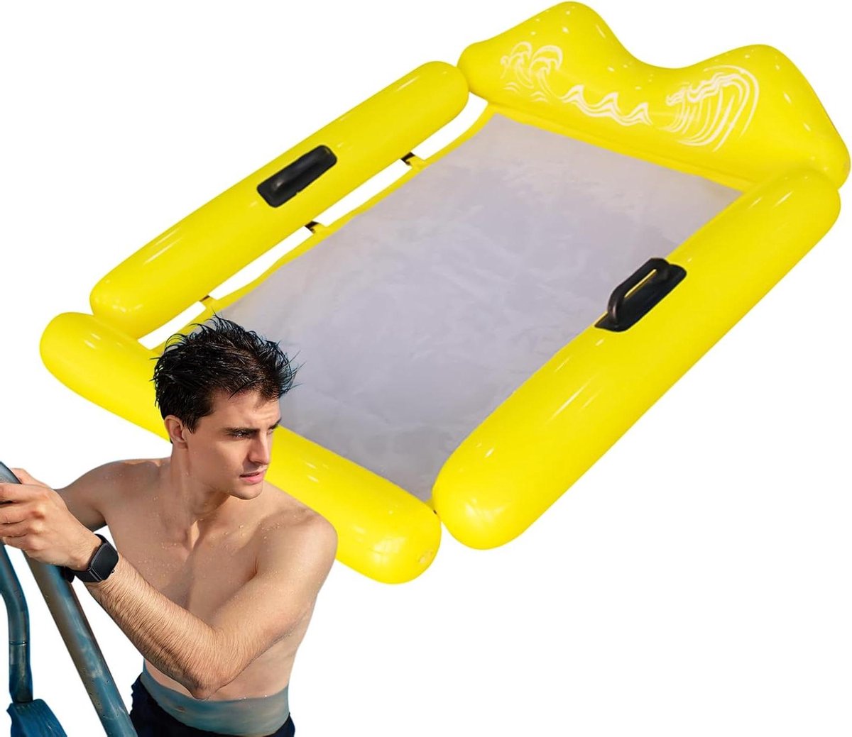 Waterhangmat - Opblaasbaar drijfhuis - Zomerse ontspanning - Ademende rugleuning - 120 cm - Geel