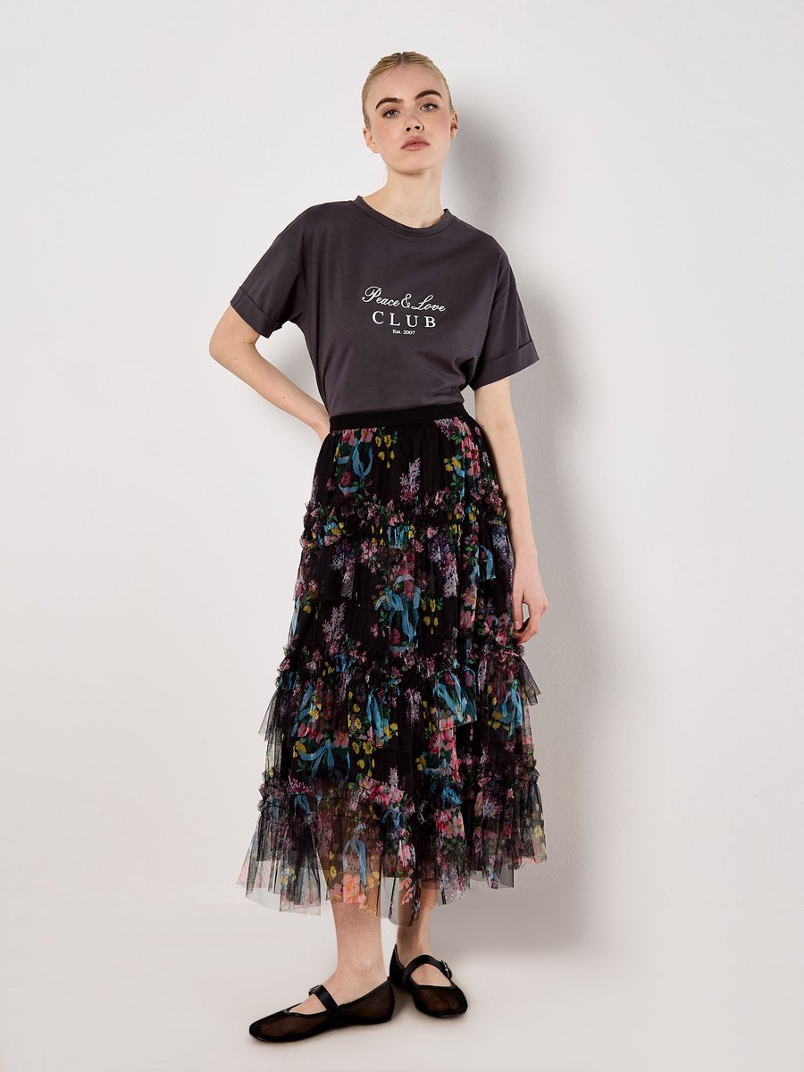 Floral Tiered Tulle Midi Skirt