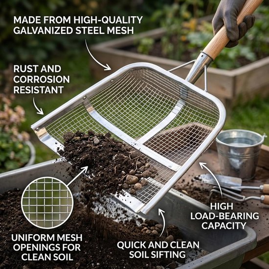 Zeefschop - Zandzeef - Tuin Grond Zeven - Versterkt Gelast Frame - 47x36 cm - Zilver — afbeelding 3