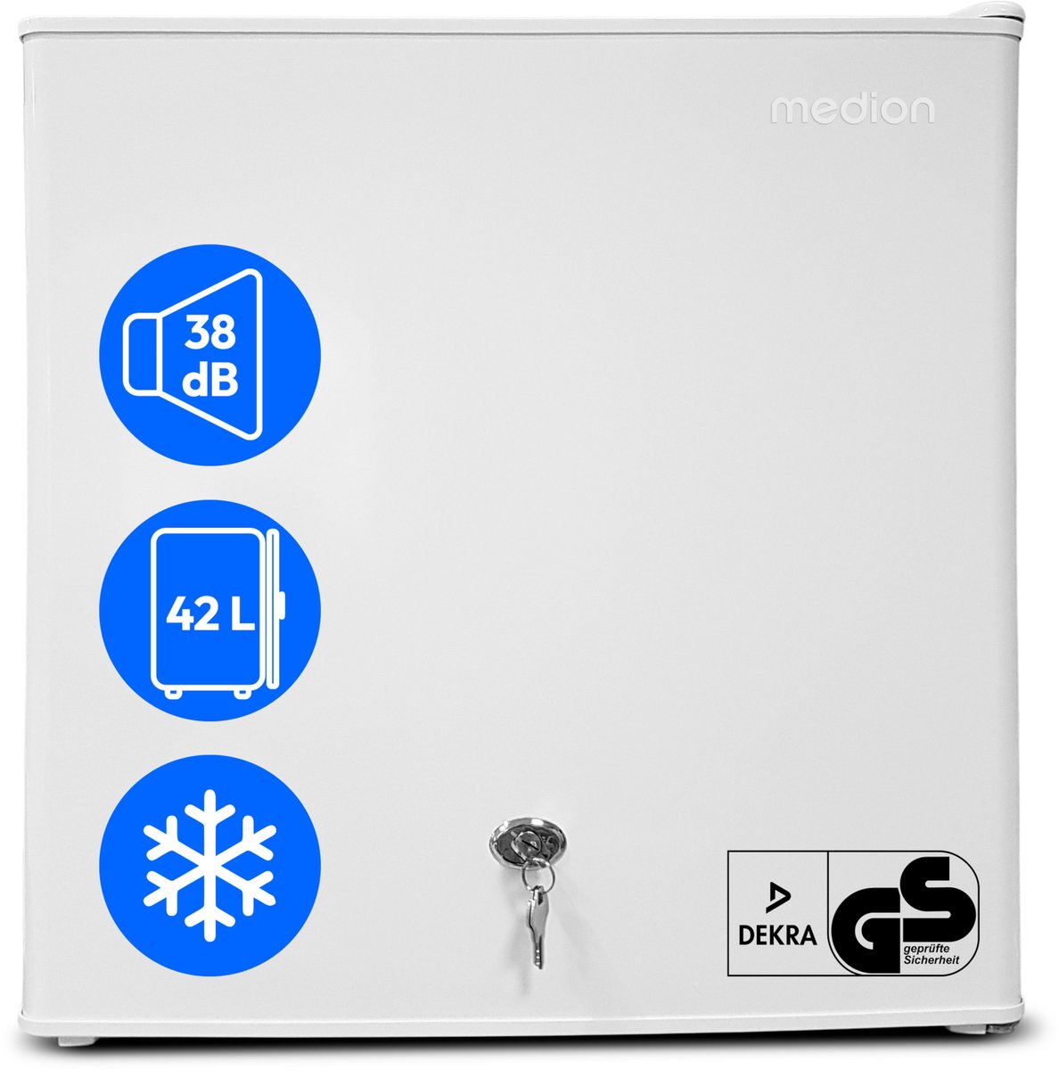MEDION Mini koelkast met slot en vriesvak 42 L stille kleine koelkast voor kantoor hotel minibar camping gaming drank voedsel ijs deur omkeerbaar MD 370001 wit