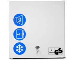 MEDION Mini koelkast met slot en vriesvak 42 L, stille kleine koelkast voor kantoor hotel minibar camping gaming, drank voedsel ijs, deur omkeerbaar, MD 370001 wit