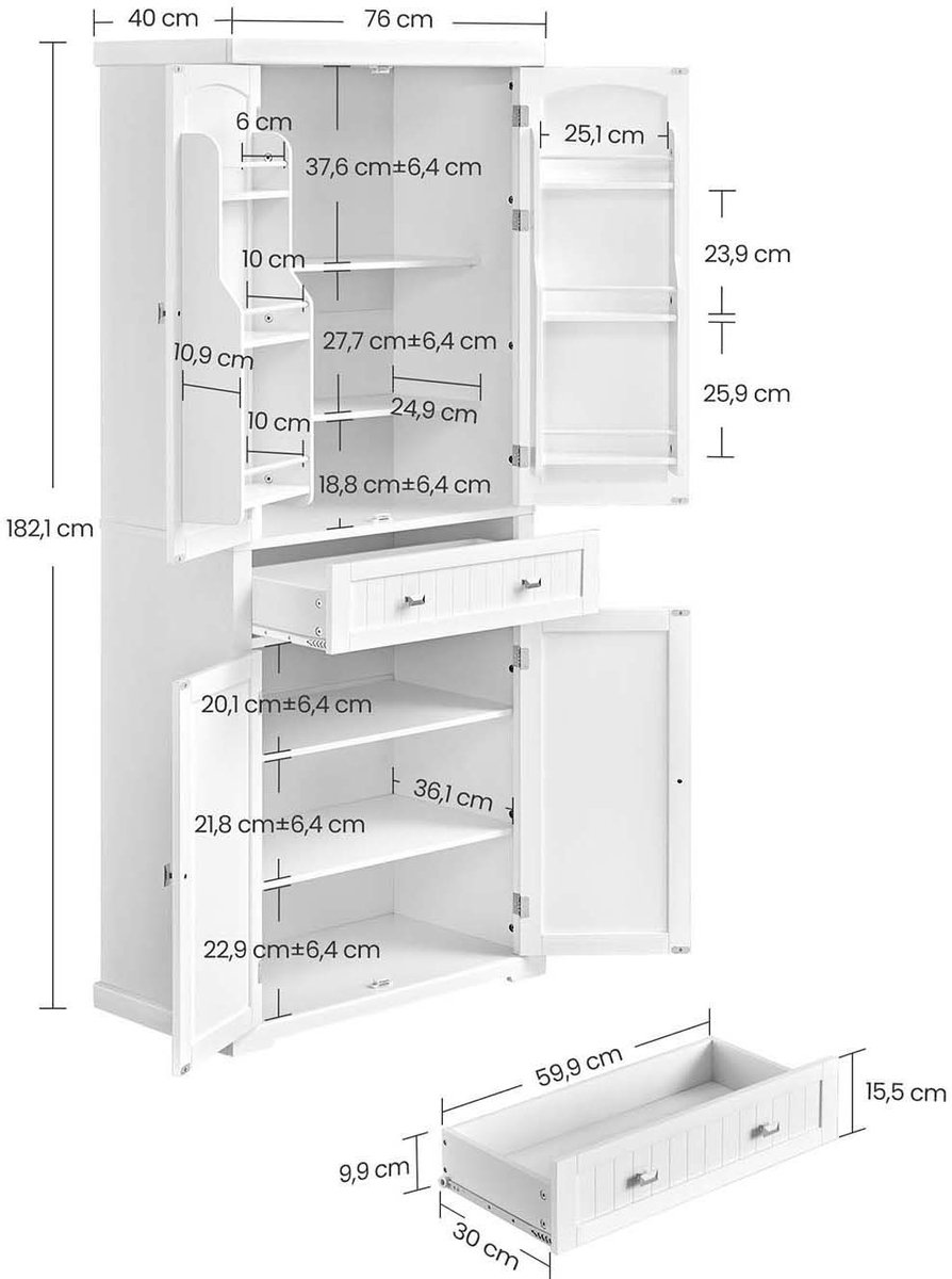 Keukenkast 40 x 76 x 182,1 cm Wit, Badkamerkast Vrijstaand, Opbergkast met 6 Deuren, 4 Verstelbare Planken en Lade, Keukenmeubel met Extra Grote Opbergruimte, Dressoirkast, Multifunctionele Kast voor Keuken, Woonkamer en Eetkamer — cadeau in Cadeau-ideeën - foto 2