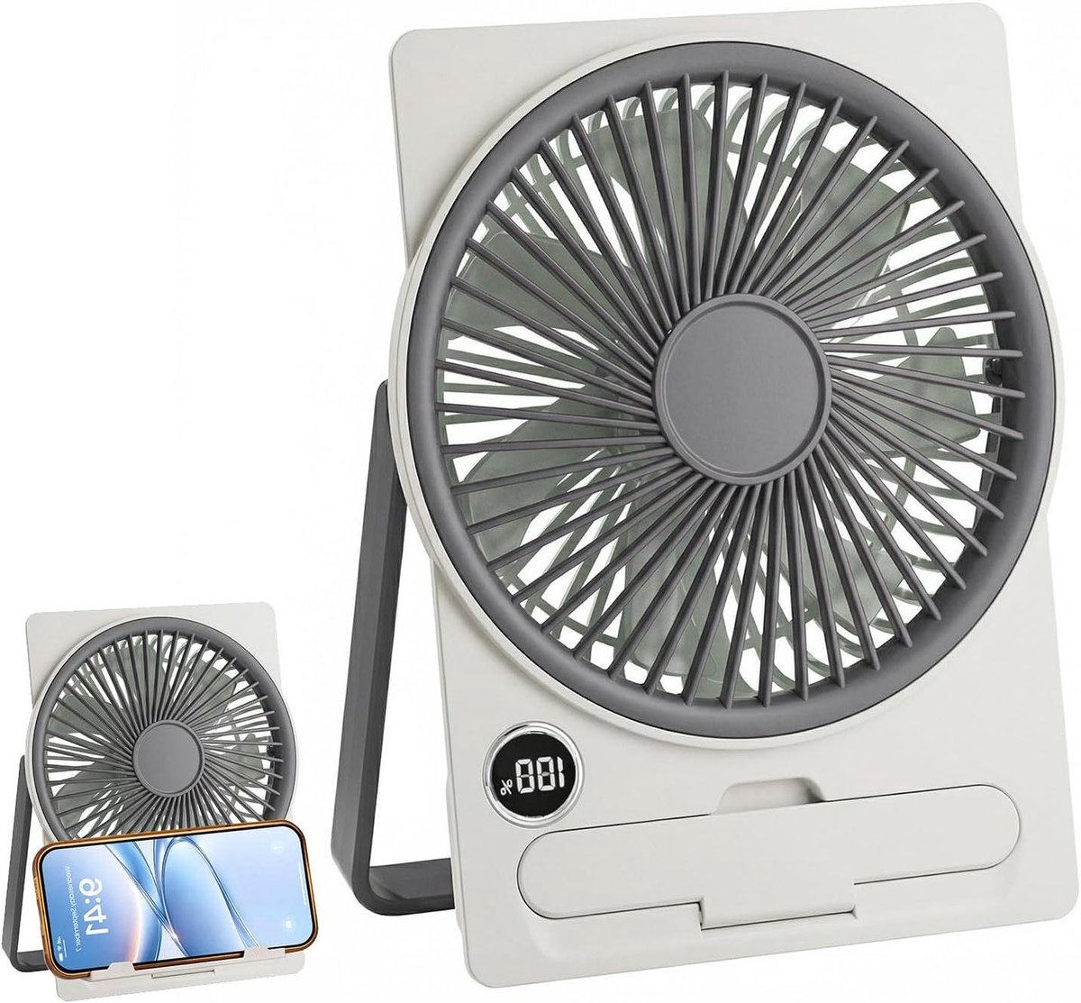 Tafelventilator - Oplaadbare USB ventilator - Persoonlijke verkoeling - Opvouwbaar met telefoonhouder - 300 gram - Grijs