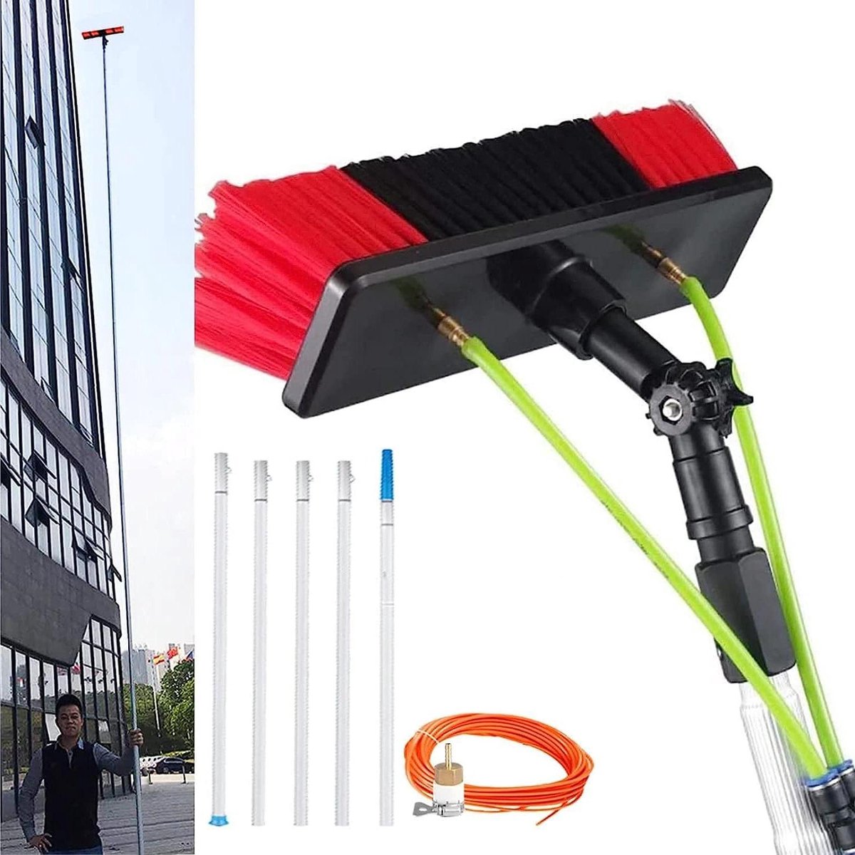 Raamreinigingsset - Telescoopsteel - Hoge ramen wassen - Watergevoede slang - 8 meter - Zilver