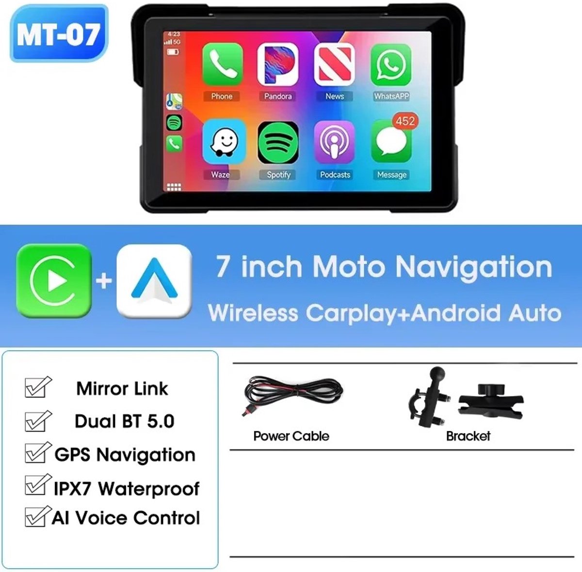 Archi 7 inch motor navigatiescherm – Carplay - Draadloze – IPX7 waterdicht LCD display – Motorfiets & scooter – Zwart