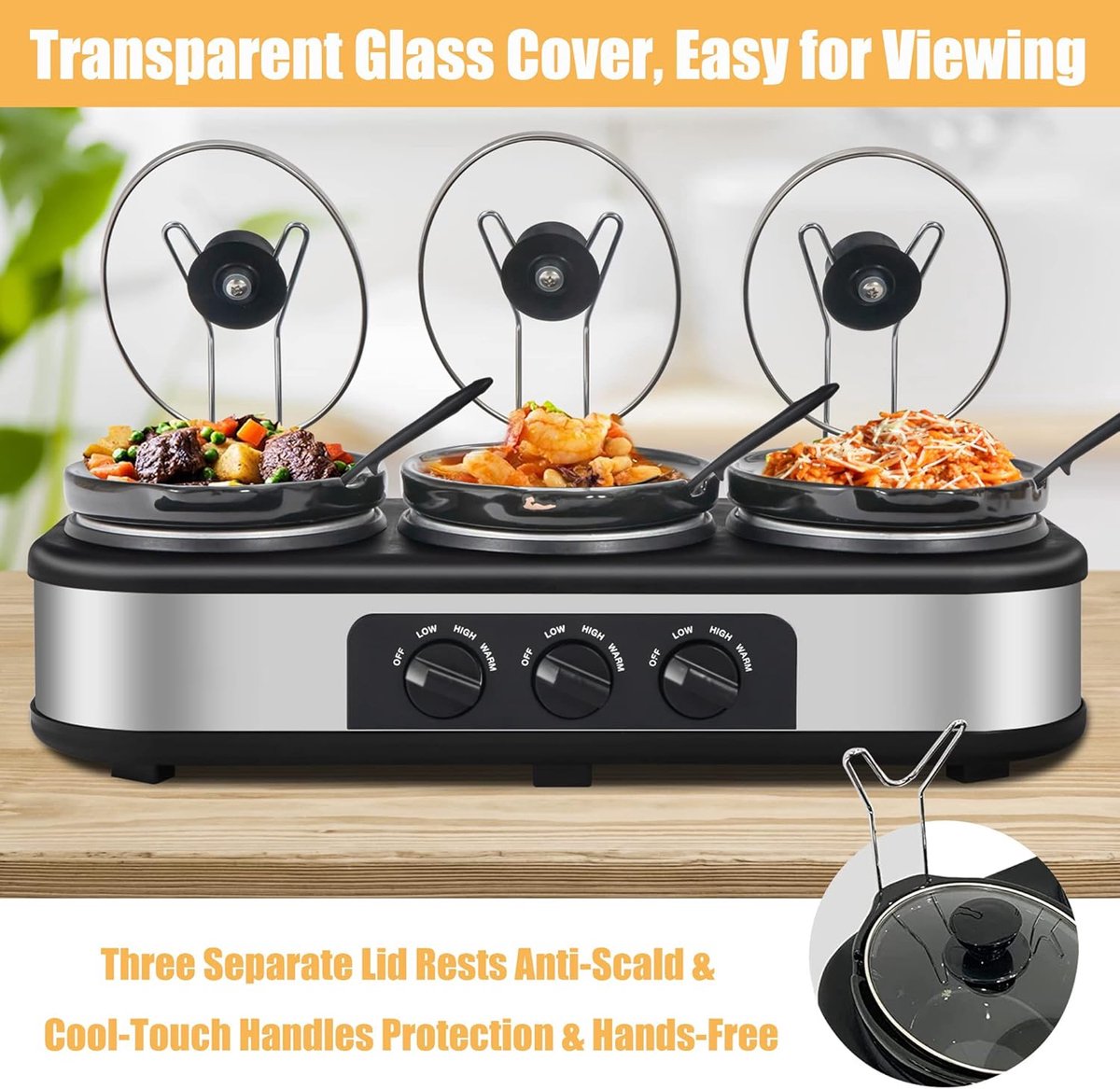 Triple Slow Cooker - Buffet Server - Feestelijke Maaltijden - Drie Aparte Pannen - 3x 1.5 Liter - Zilver – foto 5