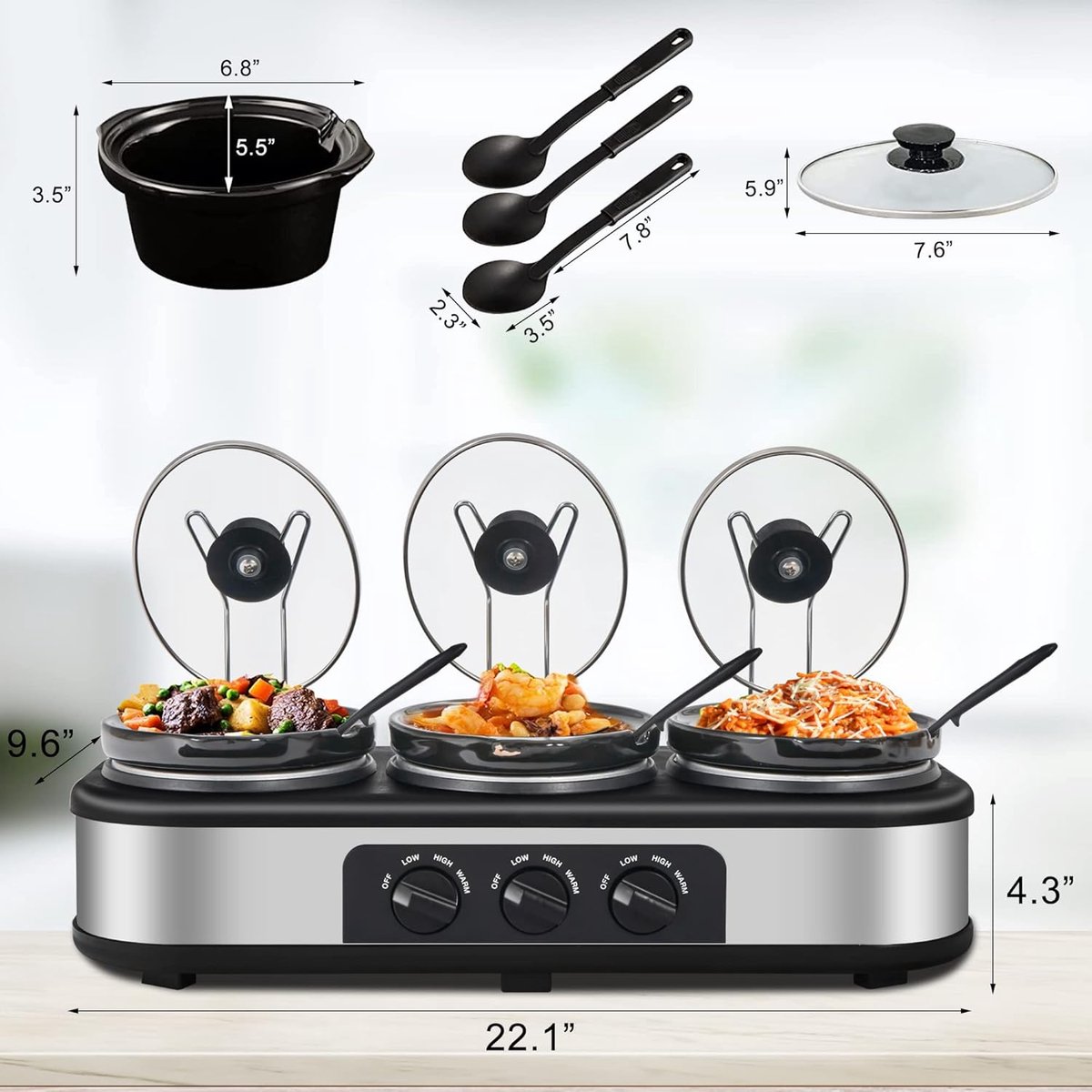 Triple Slow Cooker - Buffet Server - Feestelijke Maaltijden - Drie Aparte Pannen - 3x 1.5 Liter - Zilver – foto 3
