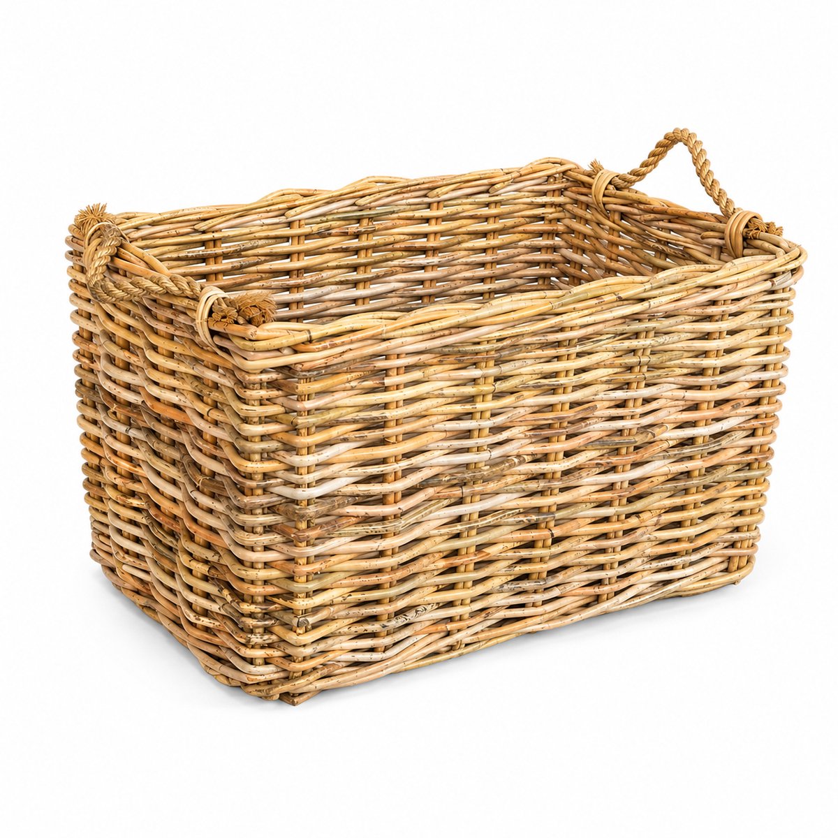 Opbergmand Rotan Naturel - 48x38xH34 cm - Rechthoek - Jute Handvat - Houtmand - Lectuurmand